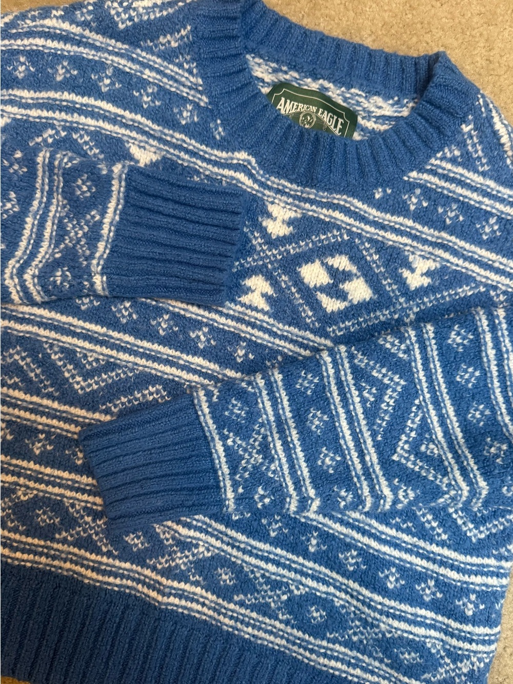 American Eagle Outfitters Sz M Women’s Blue and White Fair Isle Crewneck Sweater